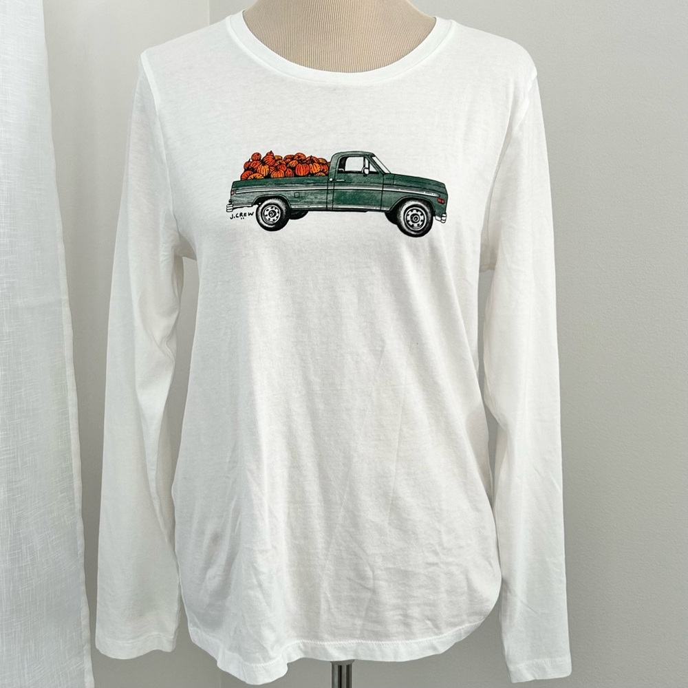🌸NWT J.Crew Collectible Autumn Long Sleeve Tee. Green Pick Up w/Pumpkins. Large - Picture 2 of 10